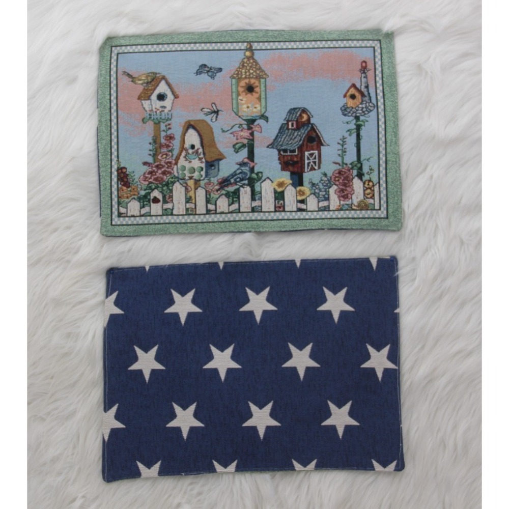 Set of 2 Placemats-Handmade PATRIOTIC Reversible-STARS Birdhouses Cottagecore